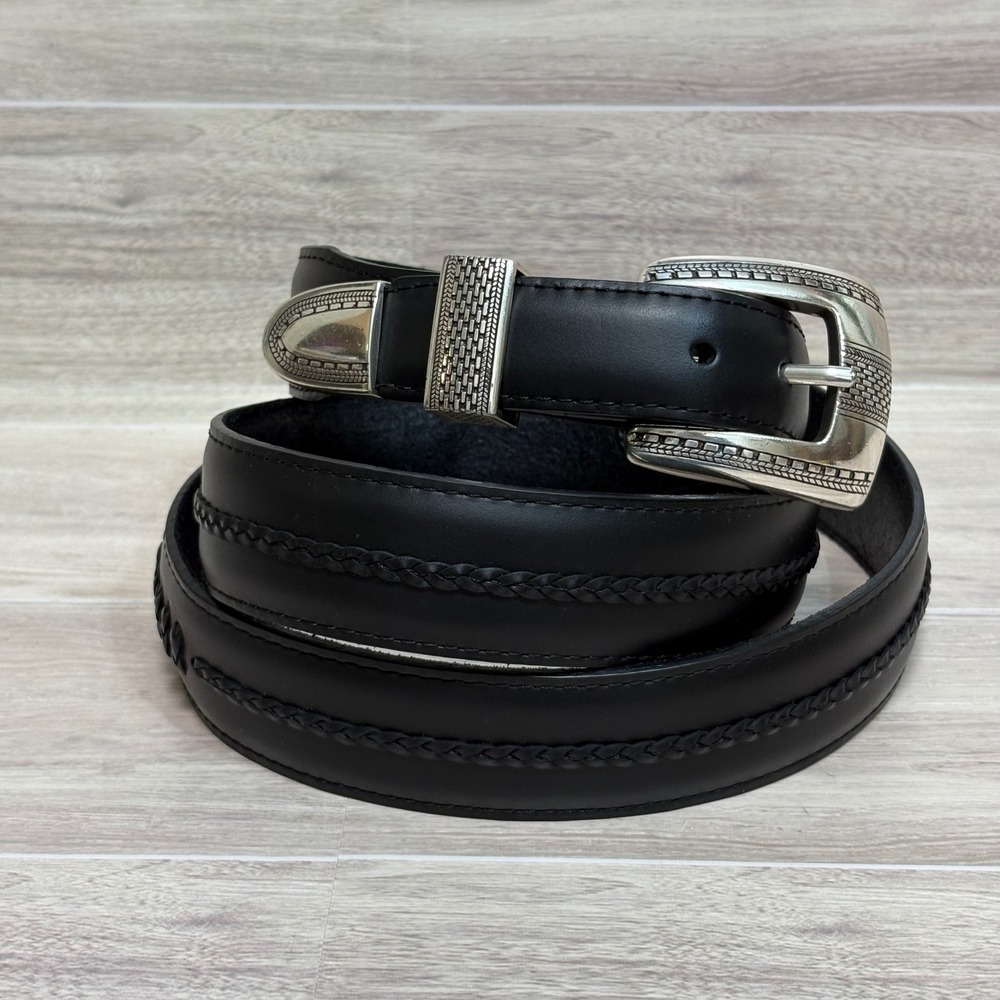 Onyx by Brighton Men's X3802 Black Leather Belt Braided Silver Buckle Size 44